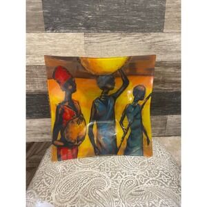 African Women Silhouette Art Square Glass Decorative Tray Dish Bowl Home Decor